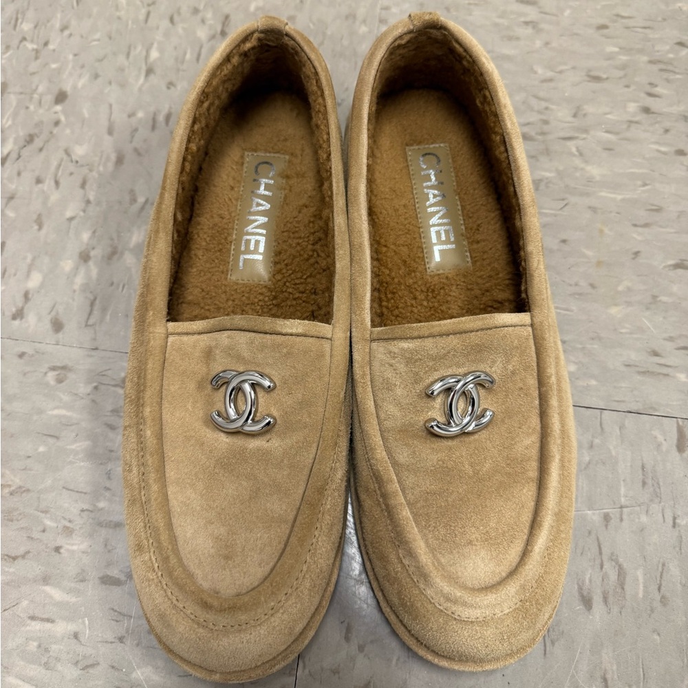 Chanel Interlocking CC Logo Tan Suede Loafers